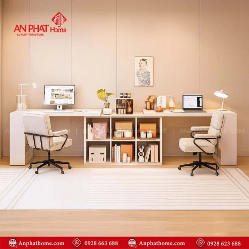 Mẫu bàn học đôi kèm giá sách cho học sinh