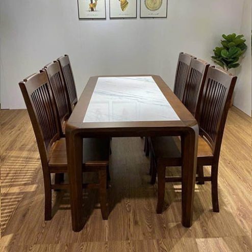 Bàn ăn gỗ sồi mặt đá ceramic 6 ghế BA-2064