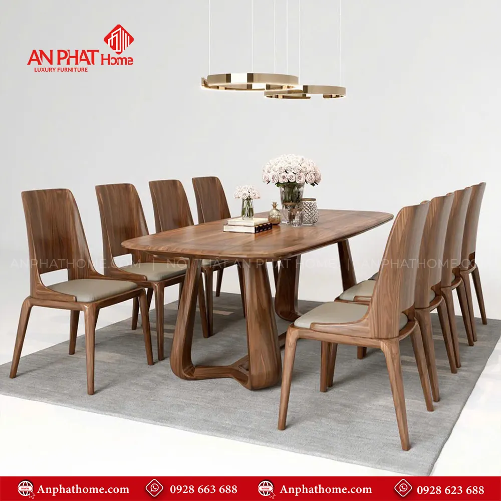 Bộ bàn ăn cao cấp gỗ óc chó 6 ghế BA-2055 3 Bộ bàn ăn cao cấp gỗ óc chó 6 ghế BA-2055, quý khách có thể lựa chọn kích thước bàn từ dài 1m60 – 1m80 – 2m hoặc lớn hơn, để phù hợp với nhu cầu sử dụng, 1m60 – 1m80 – 2m đi kèm 6 ghế theo bộ, Ngoài da có thể đặt mua thêm số lượng ghế ngồi để phù hợp với nhu cầu sử dụng. Lưu ý mẫu bàn BA-2055 chỉ phù hợp làm từ kích thước dài 1m60 trở lên, nhỏ hơn quý khách lựa chọn mẫu chân đơn để phù hợp với thiết kế.