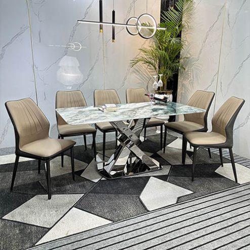 Bộ bàn ăn cao cấp mặt đá thạch anh 6 ghế da nhập khẩu BA-1977