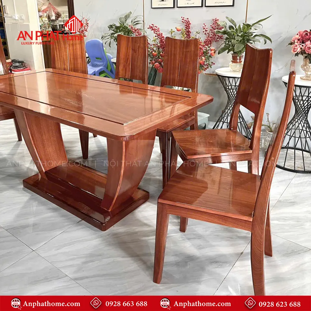 Bộ bàn ăn gỗ gõ cao cấp 6 ghế BA-2027 6 Chất liệu gỗ gõ là gỗ quý thường được sử dụng làm đồ nội thất cao cấp, vân gỗ đẹp, độ bền cao chống cong vênh muối mọt