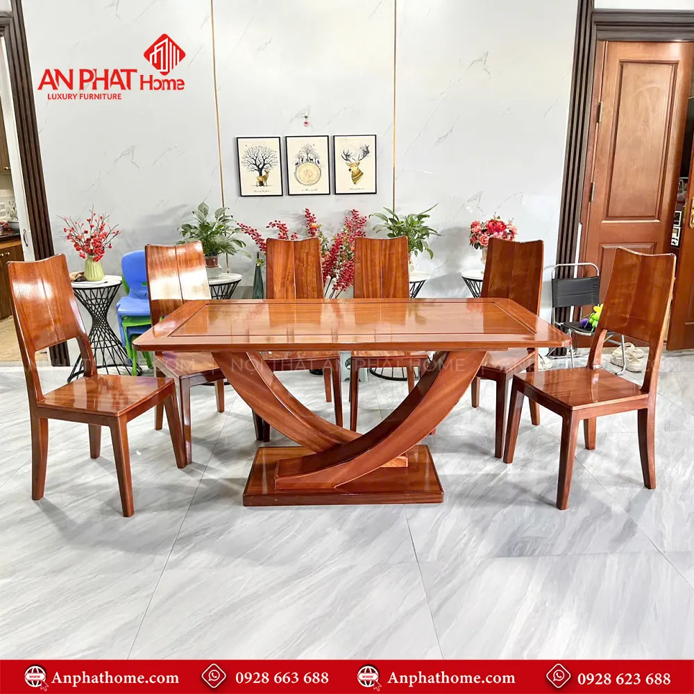 Bộ bàn ăn gỗ gõ cao cấp 6 ghế BA-2027 5 Bộ bàn ăn gỗ gõ cao cấp 6 ghế BA-2027, quý khách có thể lựa chọn kích thước bàn từ dài 1m60 – 1m80 – 2m hoặc lớn hơn, để phù hợp với nhu cầu sử dụng, 1m60 – 1m80 – 2m đi kèm 6 ghế theo bộ, Ngoài da có thể đặt mua thêm số lượng ghế ngồi để phù hợp với nhu cầu sử dụng. Lưu ý mẫu bàn BA-2027 chỉ phù hợp làm từ kích thước dài 1m60 trở lên, nhỏ hơn quý khách lựa chọn mẫu chân đơn để phù hợp với thiết kế.