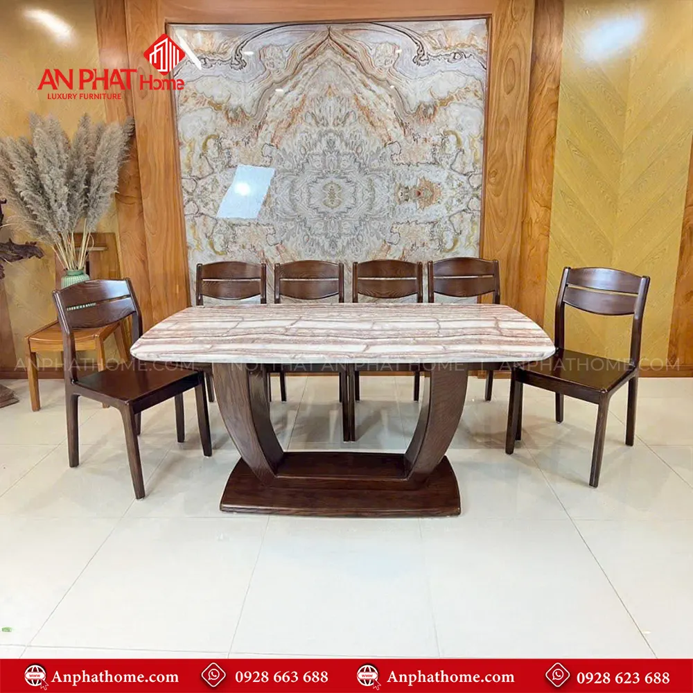 Bộ bàn ăn gỗ sồi hiện đại mặt đá 6 ghế BA-2042 3 Bộ bàn ăn gỗ sồi hiện đại mặt đá 6 ghế BA-2042, quý khách có thể lựa chọn kích thước bàn từ dài 1m60 – 1m80 – 2m hoặc lớn hơn, để phù hợp với nhu cầu sử dụng, 1m60 – 1m80 – 2m đi kèm 6 ghế theo bộ, Ngoài da có thể đặt mua thêm số lượng ghế ngồi để phù hợp với nhu cầu sử dụng. Lưu ý mẫu bàn BA-2042 chỉ phù hợp làm từ kích thước dài 1m60 trở lên, nhỏ hơn quý khách lựa chọn mẫu chân đơn để phù hợp với thiết kế.