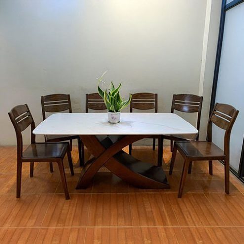 Bộ bàn ăn gỗ sồi mặt đá 6 ghế chân chữ X sang trọng BA-2058