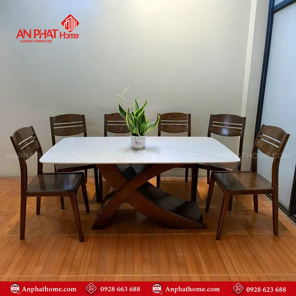 Bộ bàn ăn gỗ sồi mặt đá 6 ghế chân chữ X sang trọng BA-2058 3 Bộ bàn ăn gỗ sồi mặt đá 6 ghế chân chữ X sang trọng BA-2058, quý khách có thể lựa chọn kích thước bàn từ dài 1m60 – 1m80 – 2m hoặc lớn hơn, để phù hợp với nhu cầu sử dụng, 1m60 – 1m80 – 2m đi kèm 6 ghế theo bộ, Ngoài da có thể đặt mua thêm số lượng ghế ngồi để phù hợp với nhu cầu sử dụng. Lưu ý mẫu bàn BA-2058 chỉ phù hợp làm từ kích thước dài 1m60 trở lên, nhỏ hơn quý khách lựa chọn mẫu chân đơn để phù hợp với thiết kế.