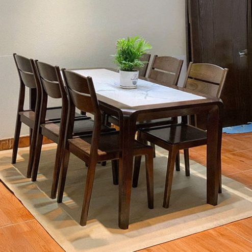 Bộ bàn ăn gỗ sồi nga 6 ghế mặt đá ceramic BA-2038