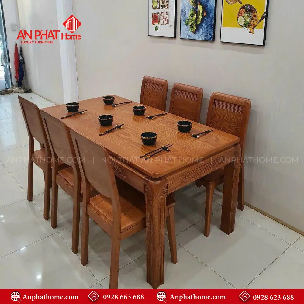 Bộ bàn ăn gỗ sồi nga 6 ghế sang trọng BA-2068 3 Bộ bàn ăn gỗ sồi nga 6 ghế sang trọng BA-2068, quý khách có thể lựa chọn kích thước bàn từ dài 1m20 – 1m80 hoặc lớn hơn, để phù hợp với nhu cầu sử dụng, Bộ bàn 1m20 sẽ đi kèm 4 ghế, bàn 1m40 – 1m60 – 1m80 đi kèm 6 ghế theo bộ, Ngoài da có thể đặt mua thêm số lượng ghế ngồi để phù hợp với nhu cầu sử dụng.