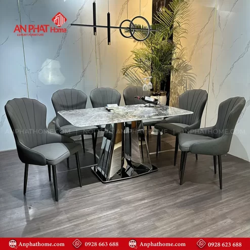 Bo ban an khung inox mat da 6 ghe cao cap BA 2007 2