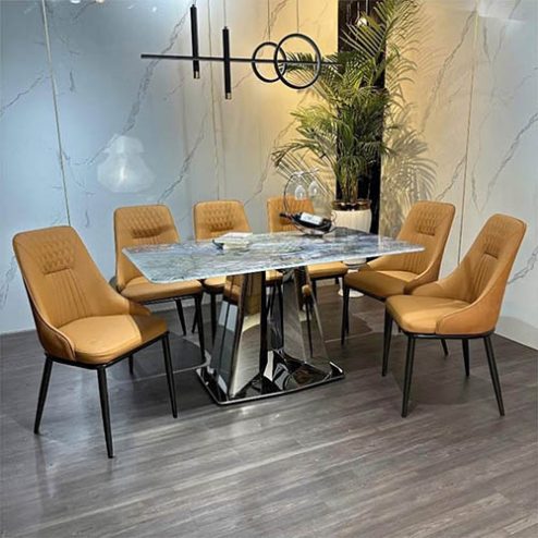 Bộ bàn ăn khung inox mặt đá 6 ghế nhập khẩu BA-1961