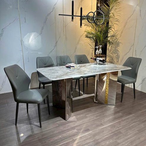Bộ bàn ăn mặt đá chân inox 6 ghế nhập khẩu BA-2016