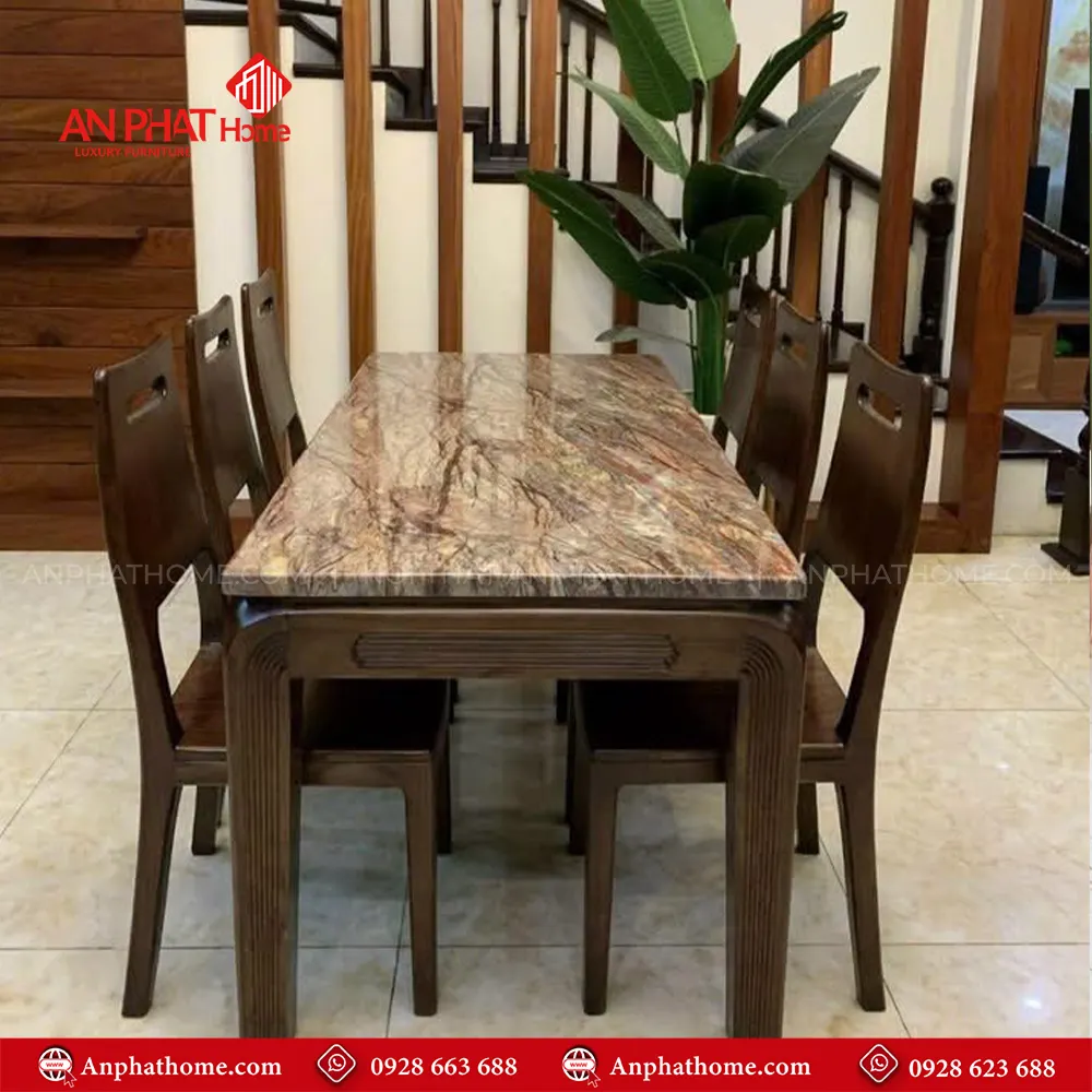 Bộ bàn ăn mặt đá gỗ sồi 6 ghế BA-2054 3 Bộ bàn ăn mặt đá gỗ sồi 6 ghế BA-2054, quý khách có thể lựa chọn kích thước bàn từ dài 1m20 – 1m80 hoặc lớn hơn, để phù hợp với nhu cầu sử dụng, Bộ bàn 1m20 sẽ đi kèm 4 ghế, bàn 1m40 – 1m60 – 1m80 đi kèm 6 ghế theo bộ, Ngoài da có thể đặt mua thêm số lượng ghế ngồi để phù hợp với nhu cầu sử dụng.