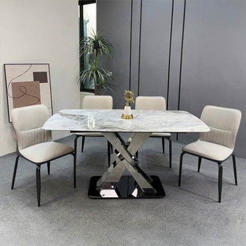 Bộ bàn ăn mặt đá nhập khẩu chân inox hiện đại BA-1922