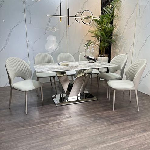 Bộ bàn ăn mặt đá thạch 6 ghế anh khung inox BA-1987