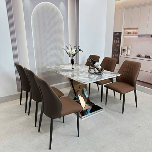 Bộ bàn ăn mặt đá thạch anh 6 ghế bọc da nhập khẩu BA-1951