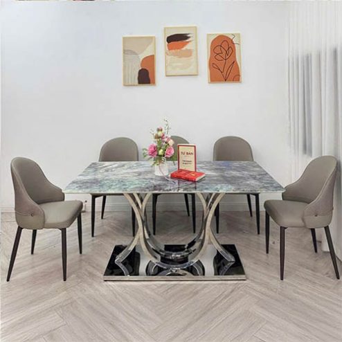Bộ bàn ăn mặt đá thạch anh 6 ghế da cao cấp BA-1970