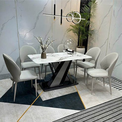 Bộ bàn ăn mặt đá thạch anh 6 ghế da cao cấp BA-1996