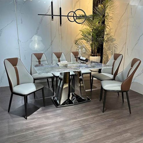 Bộ bàn ăn mặt đá thạch anh 6 ghế da nhập khẩu BA-1973