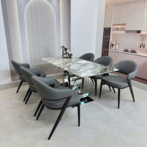 Bộ bàn ăn mặt đá thạch anh cao cấp 6 ghế nhập khẩu BA-2004