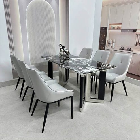 Bộ bàn ăn mặt đá thạch anh kết hợp 6 ghế da nhập khẩu BA-1952
