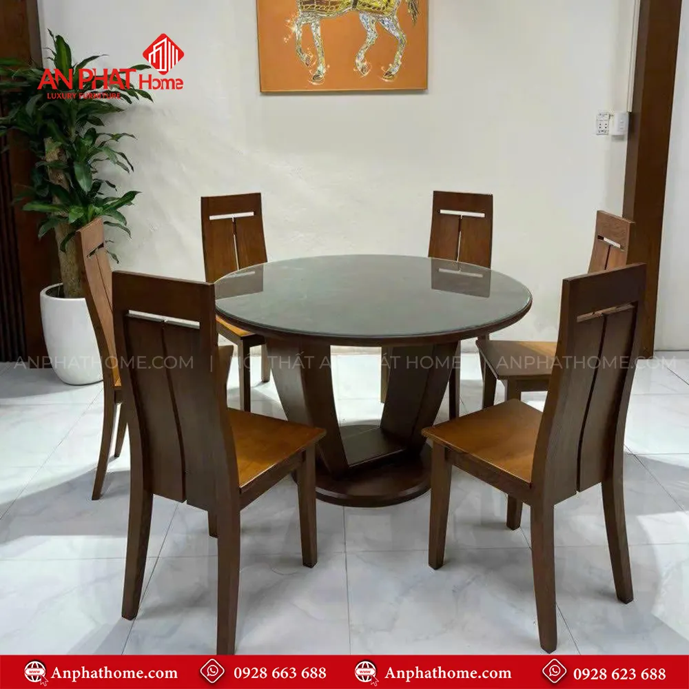 Bộ bàn ăn mặt tròn 6 ghế gỗ sồi BA-2053 7 Bộ bàn ăn mặt tròn 6 ghế gỗ sồi BA-2053, thiết kế hiện đại, chân bàn gỗ nguyên khối tạo cảm giác sang trọng, hiện đại