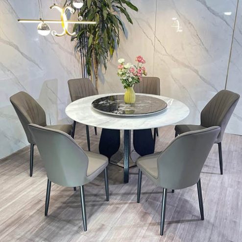 Bộ bàn ăn tròn xoay mặt đá thạch anh 6 ghế BA-1974