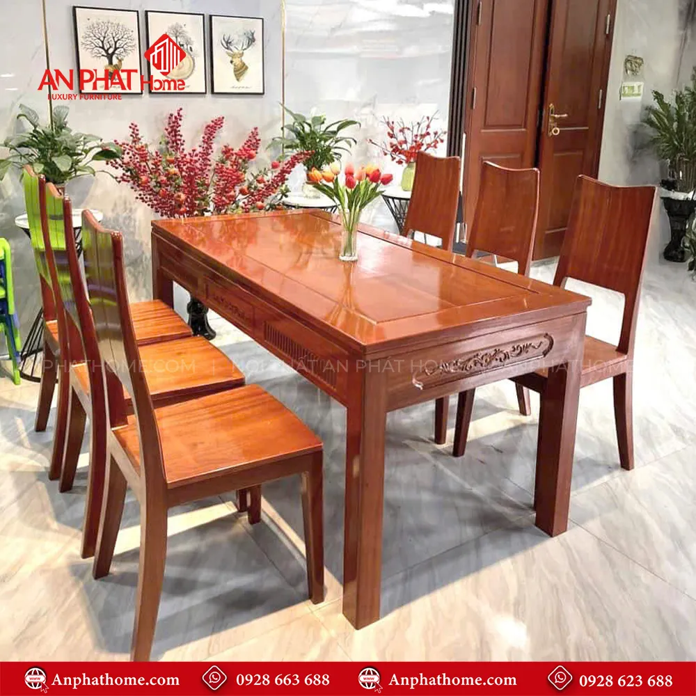 Bộ bàn ghế ăn gỗ gõ cao cấp BA-2025 9 Kết hợp ghế ngồi kiểu dáng sang trọng phù hợp với mọi không gian, 1 bộ đi kèm sẽ có 4 - 6 ghế tùy từng kích thước, Ngoài da quý khách có thể mua thêm ghế để phù hợp với nhu cầu sử dụng