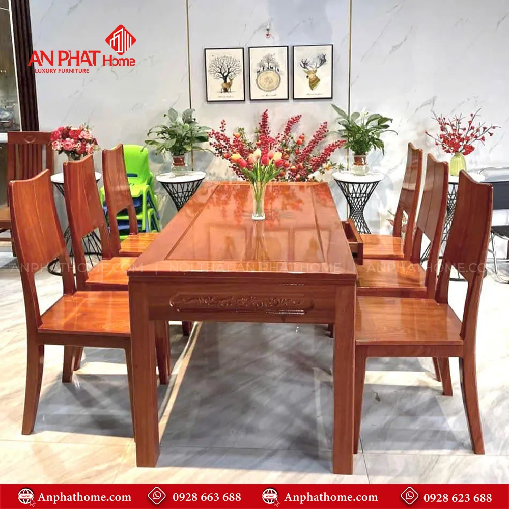Bộ bàn ghế ăn gỗ gõ cao cấp BA-2025 7 Bộ bàn ghế ăn gỗ gõ cao cấp BA-2025, quý khách có thể lựa chọn kích thước bàn từ dài 1m20 – 1m80 hoặc lớn hơn, để phù hợp với nhu cầu sử dụng, Bộ bàn 1m20 sẽ đi kèm 4 ghế, bàn 1m40 – 1m60 – 1m80 đi kèm 6 ghế theo bộ, Ngoài da có thể đặt mua thêm số lượng ghế ngồi để phù hợp với nhu cầu sử dụng.