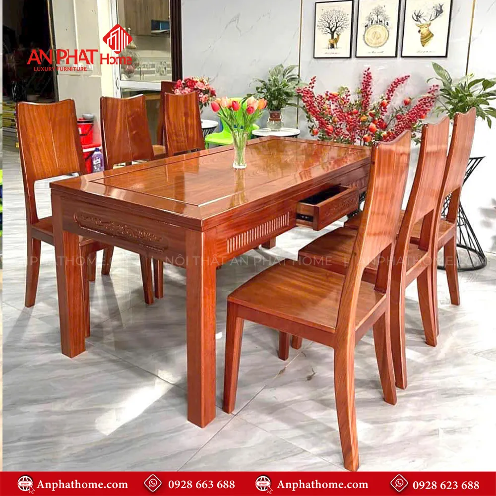 Bộ bàn ghế ăn gỗ gõ cao cấp BA-2025 8 Với thiết kế sang trọng, hiện đại mẫu bàn ăn BA-2025 được làm từ gỗ Gõ đỏ mang lại độ bền cao vân gỗ đẹp, chống cong vênh mối mọt