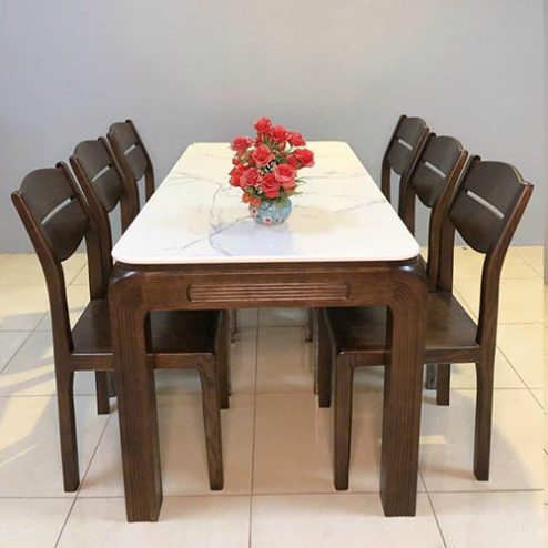 Bộ bàn ghế ăn hiện đại gỗ sồi mặt đá ceramic BA-2061