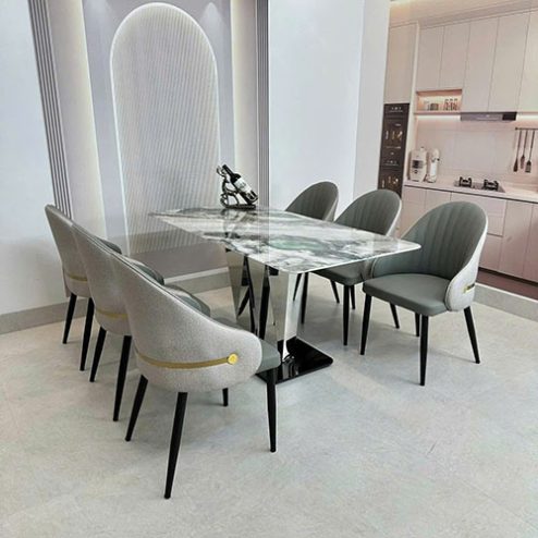 Bộ bàn ghế ăn inox mặt đá 6 ghế nhập khẩu BA-1993