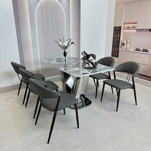 Bộ bàn ghế ăn mặt đá chân inox sang trọng BA-1964