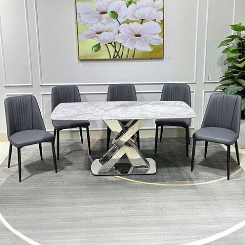 Bộ bàn ghế ăn mặt đá thạch anh chân inox BA-1998