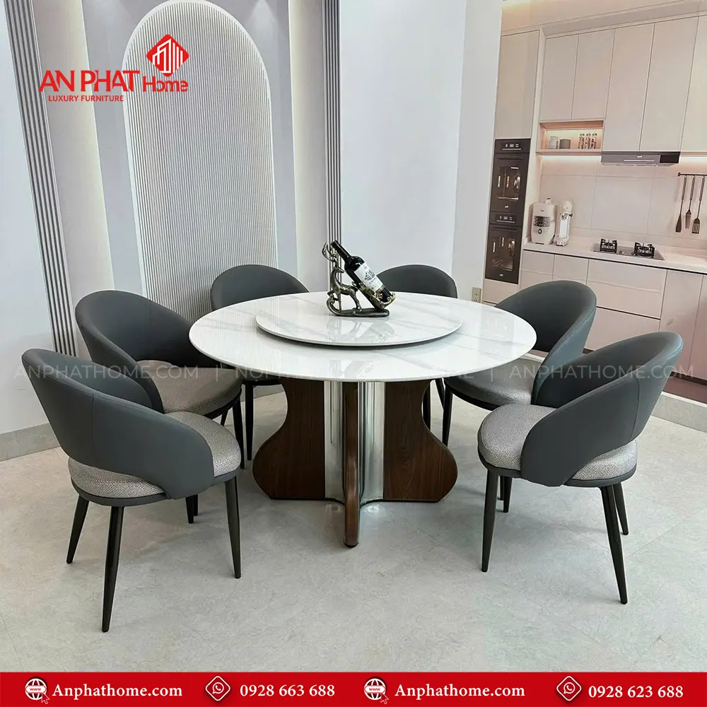 bàn ăn thiết kế hiện đại inox tráng gương kết hợp mặt đá thạch anh cao cấp