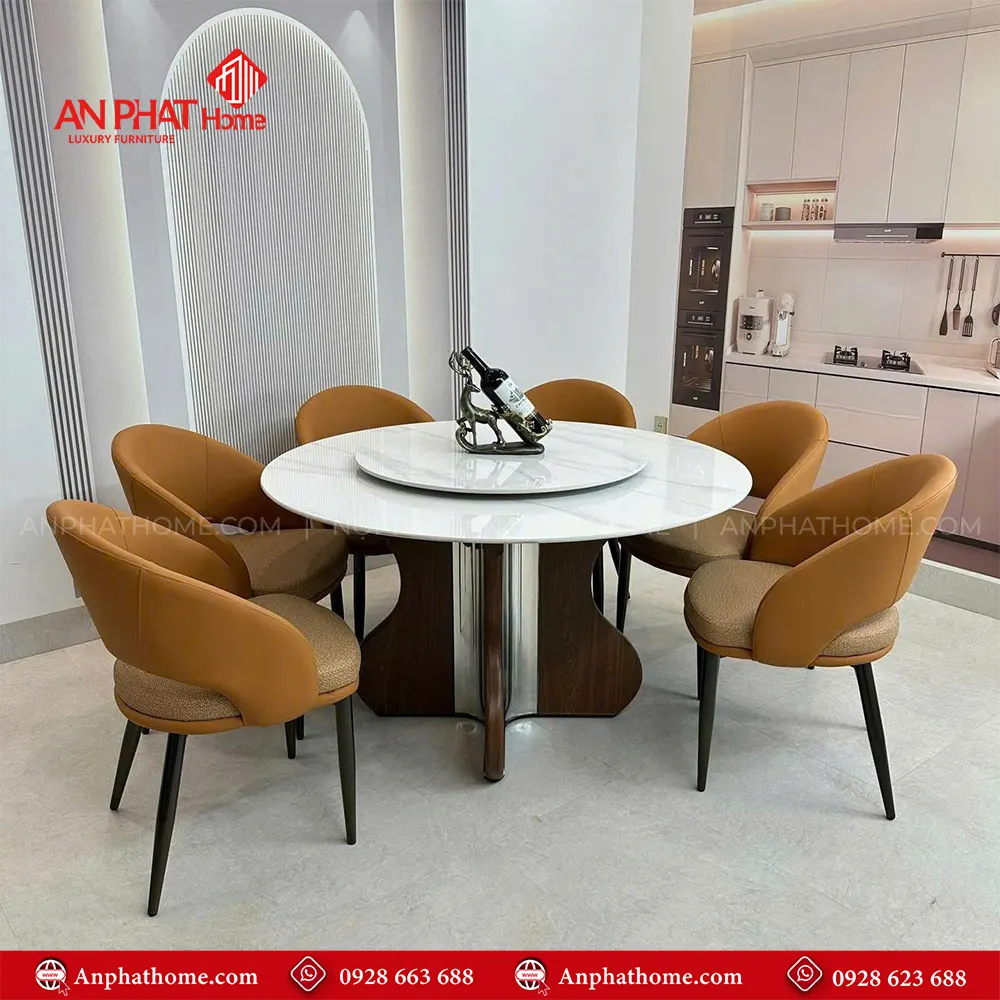 Bộ bàn ghế ăn mặt đá tròn xoay cao cấp BA-2002, Mặt đá thạch anh kết hợp sự sang trọng của inox và sự yêm ai của da Microfiber nhập khẩu
