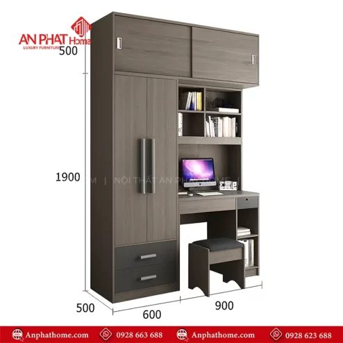 Mẫu tủ quần áo liền bàn học ấn tượng