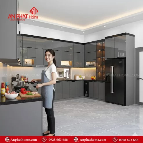 Mẫu tủ bếp đẹp hình chữ L hiện đại