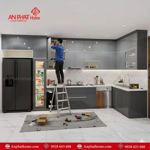 Mẫu tủ bếp đẹp hình chữ L hiện đại