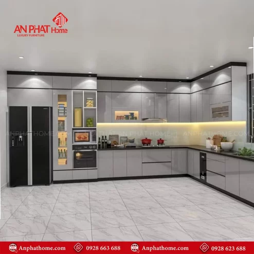 Mẫu tủ bếp đẹp hình chữ L nhôm kính