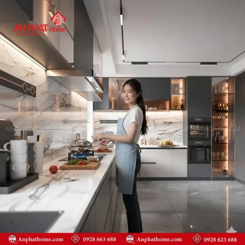 Mẫu tủ bếp bằng nhôm kính đẹp đơn giản