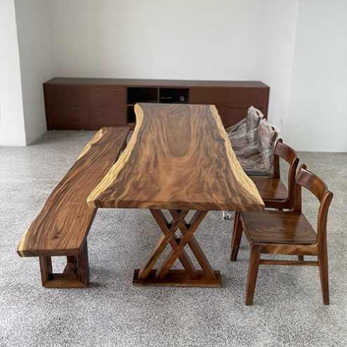 Bàn ăn gỗ me tây nguyên tấm 4 ghế đơn 1 ghế dài BA-3010