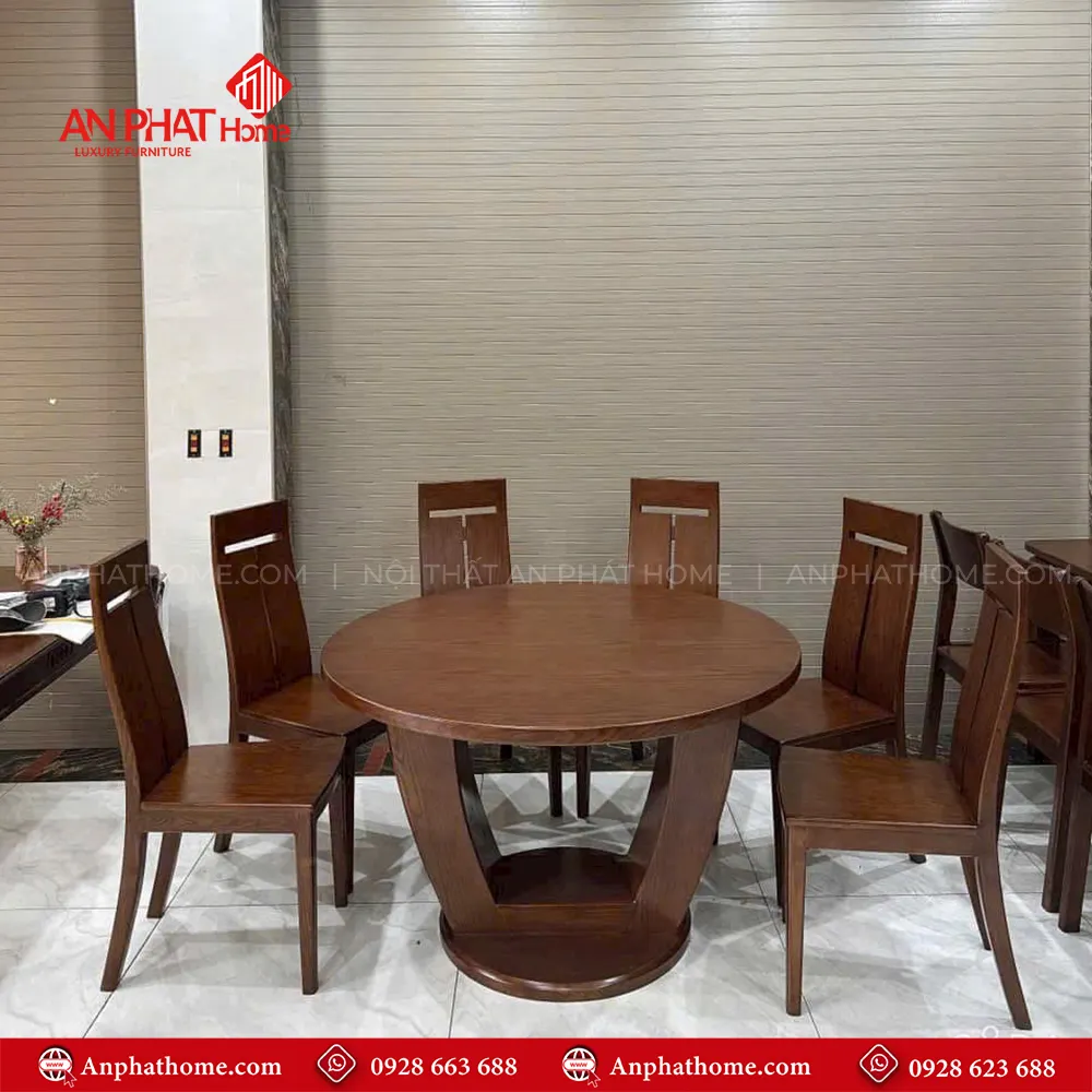 Bàn ăn mặt tròn gỗ sồi 6 ghế BA-2043 5 Bàn ăn mặt tròn gỗ sồi 6 ghế BA-2043, thiết kế hiện đại, chân bàn gỗ nguyên khối tạo cảm giác sang trọng, hiện đại