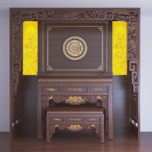 Bàn Thờ Dát Vàng Kết Hợp Vách Ốp Gỗ Gụ Cao Cấp BT-2327