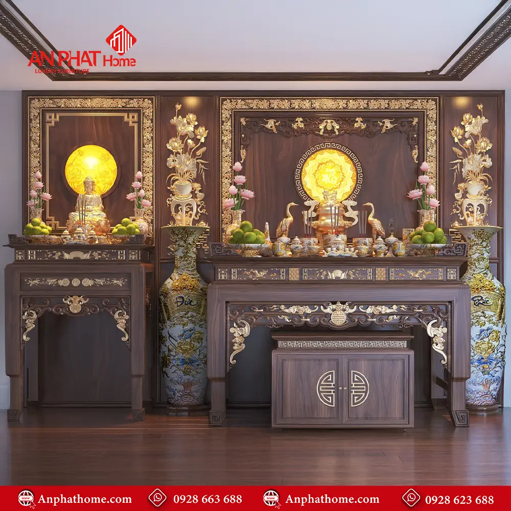 Bàn Thờ Phật Kết Hợp Gia Tiên Dát Vàng BT-2363 3 Bàn Thờ Phật Kết Hợp Gia Tiên Dát Vàng BT-2363