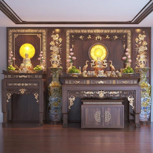 Bàn Thờ Phật Kết Hợp Gia Tiên Dát Vàng BT-2363