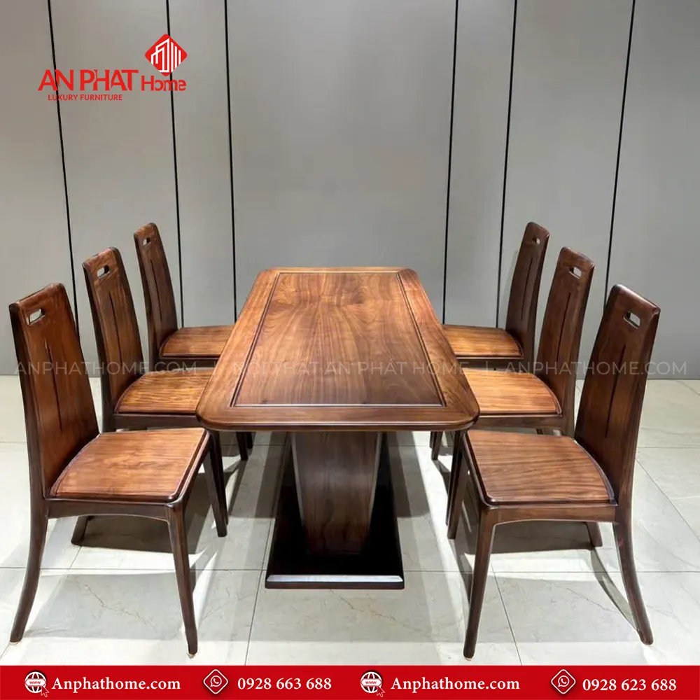 Bộ bàn ghế ăn gỗ thiết kế hiện đại sang trọng BA-2044 10 Bộ bàn ghế ăn gỗ thiết kế hiện đại sang trọng BA-2044, quý khách có thể lựa chọn kích thước bàn từ dài 1m60 – 1m80 – 2m hoặc lớn hơn, để phù hợp với nhu cầu sử dụng, 1m60 – 1m80 – 2m đi kèm 6 ghế theo bộ, Ngoài da có thể đặt mua thêm số lượng ghế ngồi để phù hợp với nhu cầu sử dụng. Lưu ý mẫu bàn BA-2044 chỉ phù hợp làm từ kích thước dài 1m60 trở lên, nhỏ hơn quý khách lựa chọn mẫu chân đơn để phù hợp với thiết kế.