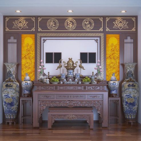 Không Gian Thờ Đẹp Kết Hợp Vách Ốp Trang Trí BT-2364