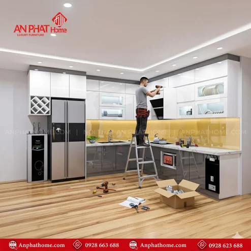 Tủ bếp đẹp bằng MDF, Acrylic, Nhôm Kính