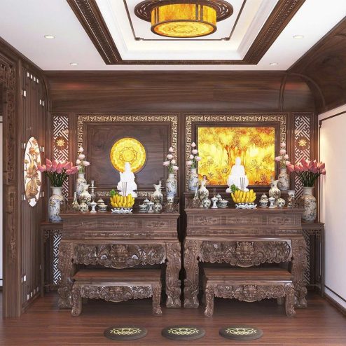 Phòng Thờ Cao Cấp Phật Kết Hợp Gia Tiên Gỗ Gụ BT-2323