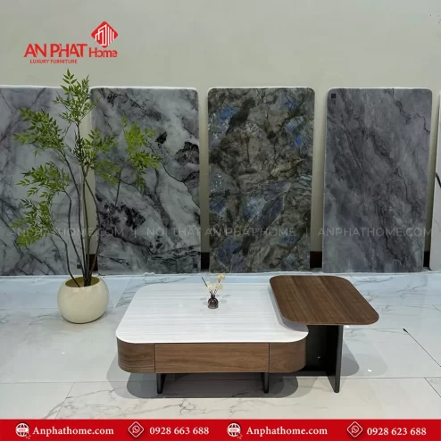 Bàn trà đôi mặt đá gỗ veneer óc chó kèm bàn phụ nhập khẩu B-3019 An Phát Home