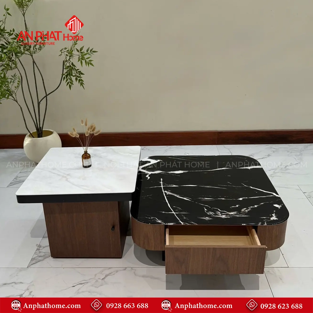 Bàn trà đôi mặt đá kết hợp bàn phụ tinh tế B-3020 6 Bàn trà mặt đá đẹp hiện đại